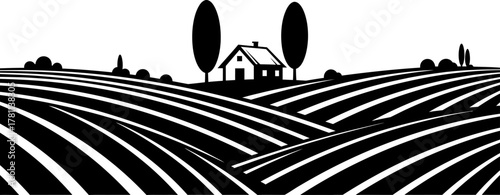 Rolling hills landscape with a small house and trees, stylized