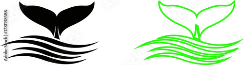 Black and green whale tail fin diving into wavy water