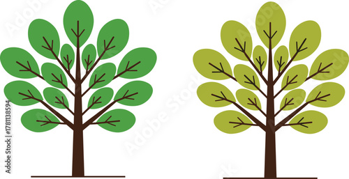 Two decorative trees with green and yellow leaves, eco friendly plant design, flat vector nature illustration for environment concept