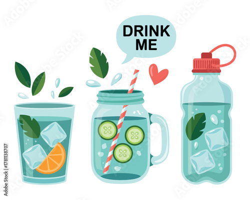 Refreshing infused water drinks with mint and cucumber are ready to be enjoyed.