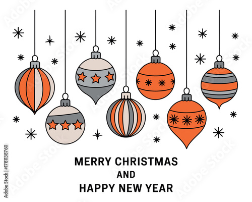 Seven decorative Christmas ornaments hang against a white background, wishing viewers a Merry Christmas and Happy New Year.