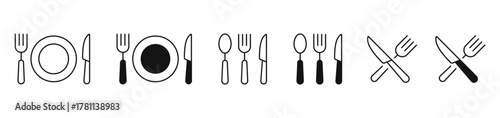Fork, knife, spoon, plate simple icons in line and flat style. Restaurant, Food, Menu editable stroke icon. vector
