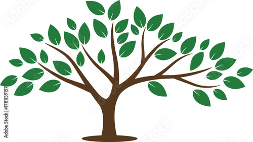 Flat vector illustration of green leafy tree with spreading branches, natural organic design, eco friendly nature concept, environmental art