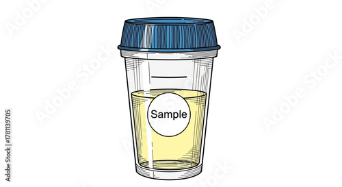 A clear illustration of a urine sample container with a blue lid.