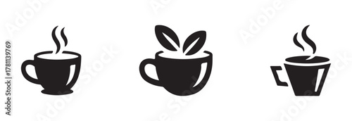 Modern coffee cup icon set,  silhouette collection with steam,  symbols cup cafe logo, vector illustration EPS 10.