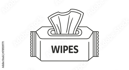 A line drawing depicts a package of wet wipes with a tissue pulled out.