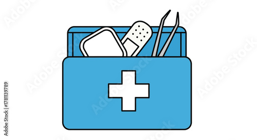 A blue first aid kit with a white cross, containing bandages, gauze, and tweezers.