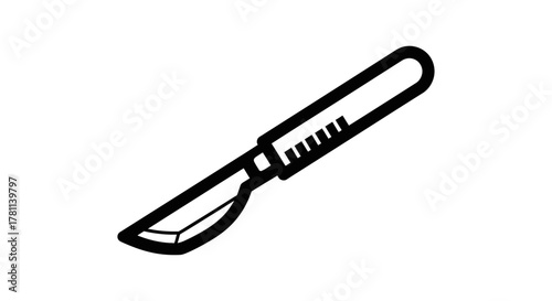 A simple, black and white line drawing of a scalpel with a handle and curved blade.