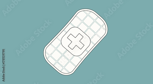 A simple illustration of a bandage with a white cross on a blue background.