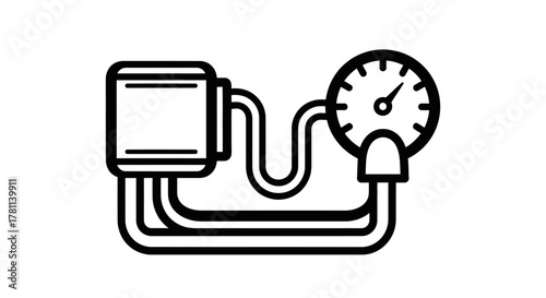 Graphic illustration of a blood pressure monitor with cuff, gauge, and connecting tubes.