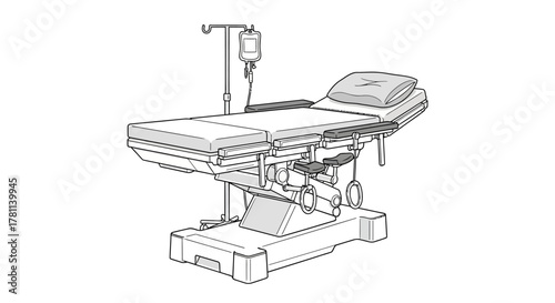 Detailed illustration of a hospital operating table with IV drip equipment.