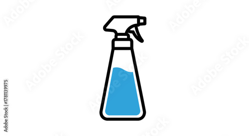Illustration of a spray bottle filled with blue liquid, outlined in black, on a white background.