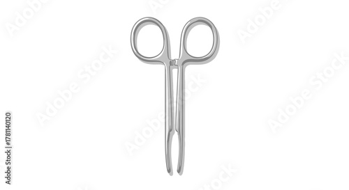 Close-up of small, silver surgical scissors with finger loops, isolated on a white background.