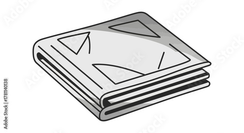 Folded newspaper with abstract shapes, showcasing a simple, monochrome graphic illustration.