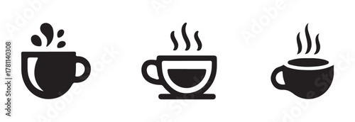 Modern coffee cup icon set,  silhouette collection with steam,  symbols cup cafe logo, vector illustration EPS 10.