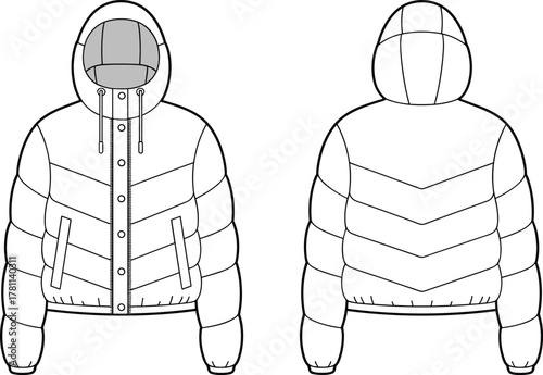Puffer jacket, winter coat, quilted outerwear, hooded jacket, insulated fashion, technical sketch, garment design, front back view, flat vector illustration**