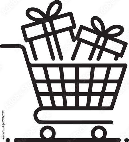 Exciting shopping cart overflowing with beautifully wrapped gift boxes, perfect for holiday sales, promotions, and festive retail campaigns.