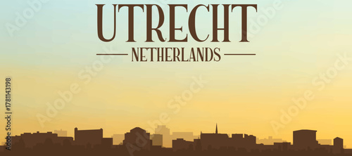 Panoramic poster of the city skyline with misty background buildings, hills sunrise, sunset and clouds of UTRECHT, NETHERLANDS