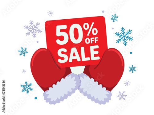 Santa's hands hold a sign for a 50% off Christmas sale with snowflakes.