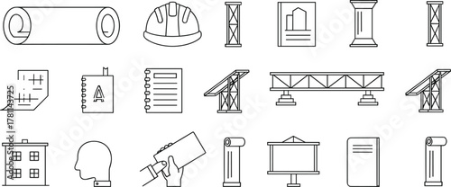 Civil engineering icons, construction tools, blueprint elements, infrastructure symbols, line style, vector illustration, flat design, technical visuals, grid layout