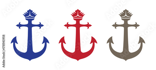 Three stylized anchors in blue, red, and taupe, each featuring a regal crown element, perfect for maritime or heraldic design projects.