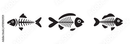 Fish skeleton bone icon set, symbol for pet food, fish bone line art silhouette vector,  vector illustration  EPS 10.