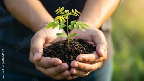 Nurturing New Life: A close-up shot of hands tenderly cradling a fledgling plant emerging from fertile soil, representing the beginning of growth.