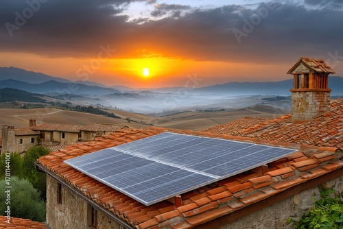 Wallpaper Mural Tuscan rooftops embrace solar power amidst a breathtaking sunset landscape Torontodigital.ca