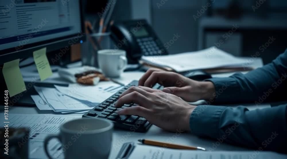 Mãos cansadas de digitar no teclado.