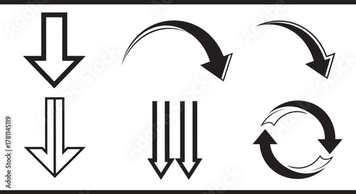 A collection of six different arrow icons, including straight down arrows, curved arrows, and a circular arrow.