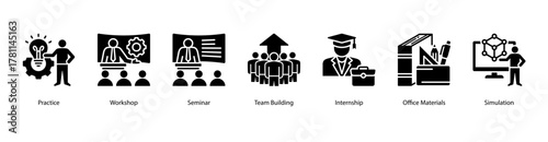 Training Essentials web banner vector illustration featuring Practice, Workshop, Seminar, Team Building, Internship, Office Materials, and Simulation. Perfect for professional education visuals.