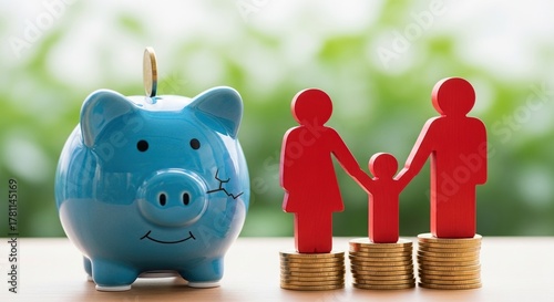 Piggy bank with coins and family figurines, symbolizing savings