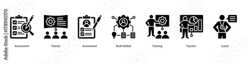 Skill Building Program web banner vector illustration featuring Assessment, Trainee, Multi Skilled, Training, Teacher, Coach, and Trainer. Ideal for professional growth materials.