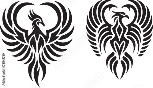 Two stylized black tribal phoenix symbols in a spread winged pose on a white background representing rebirth and strength