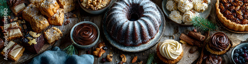 Obraz  z motywem Variety of Christmas holiday desserts and sweets. Above view table scene over a transparent background. Bundt cake, chocolate pie, mincemeat tarts, cookies, fudge