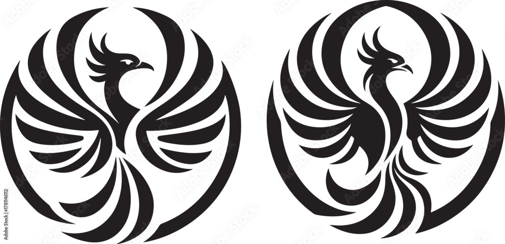 Fototapeta premium Symmetrical black and white stylized phoenix bird emblem design with outstretched wings and flowing feathers within oval frames