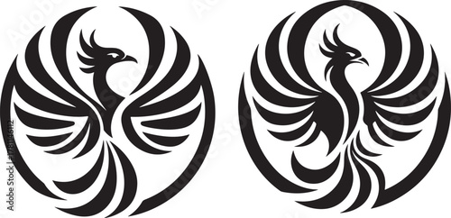 Symmetrical black and white stylized phoenix bird emblem design with outstretched wings and flowing feathers within oval frames
