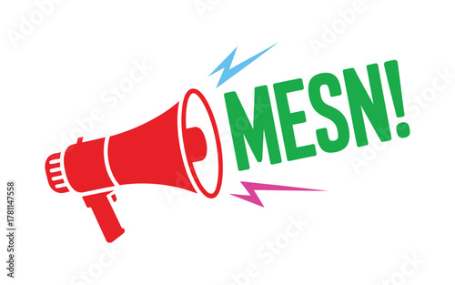 A red megaphone is broadcasting the word MESN with colorful sound waves emanating from it.