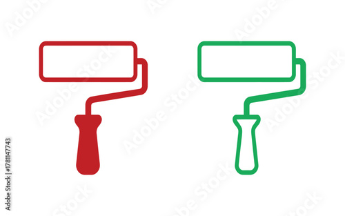 Two paint rollers, one red and one green, are shown side by side against a white background, ready for use.