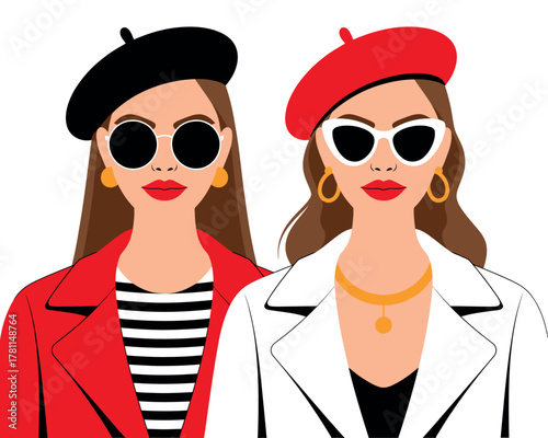 Two stylish women wearing berets and sunglasses stand side-by-side.
