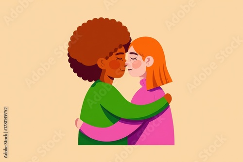 A Heartwarming Illustration of Two Diverse Women Embracing Each Other in a Moment of Intimacy and Love Against a Soft Background