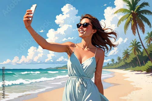 A Joyful Woman Taking a Selfie on a Beautiful Tropical Beach with Palm Trees and Vibrant Blue Sky, Capturing a Moment of Happiness and Sunshine