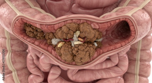 Cross section of the human colon showing impacted fecal matter and gallstones