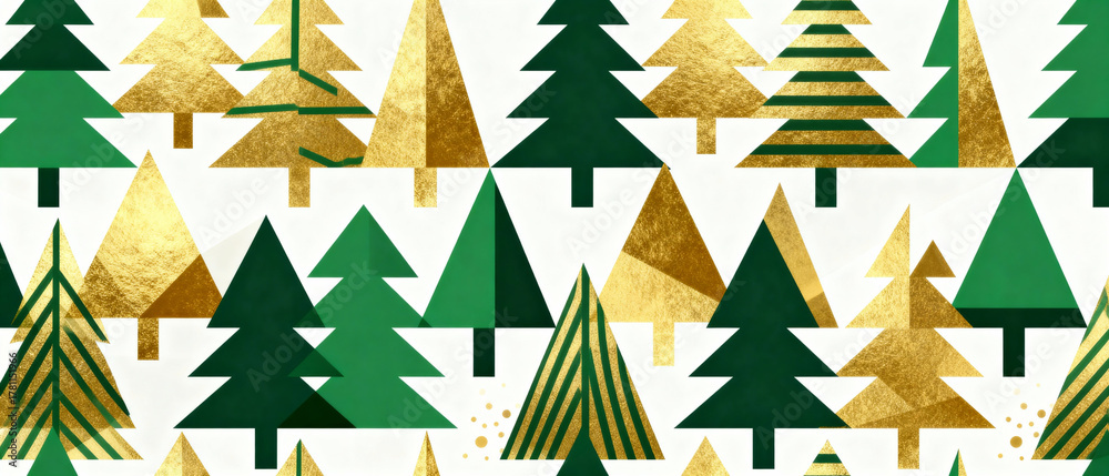 Obraz premium Green and gold Christmas trees in festive pattern design 