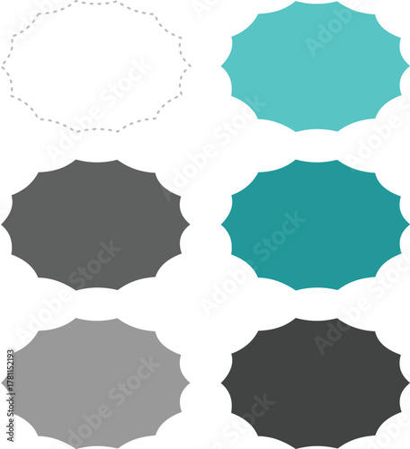 Set of Oval Scalloped Border Labels, Decorative Sticker Shapes in Teal and Grey for Product Packaging and Sale Tags