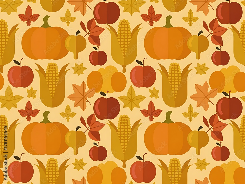 Autumn harvest seamless pattern with pumpkins corn apples leaves