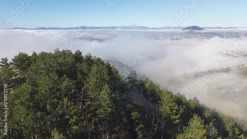 Foggy morning. Pamplona region shrouded in fog. Navarre