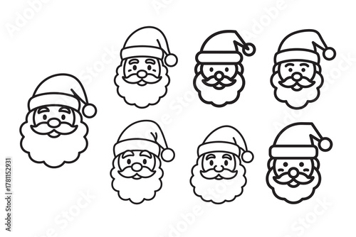 Collection of hand drawn santa claus faces in a simple outline silhouette style for christmas