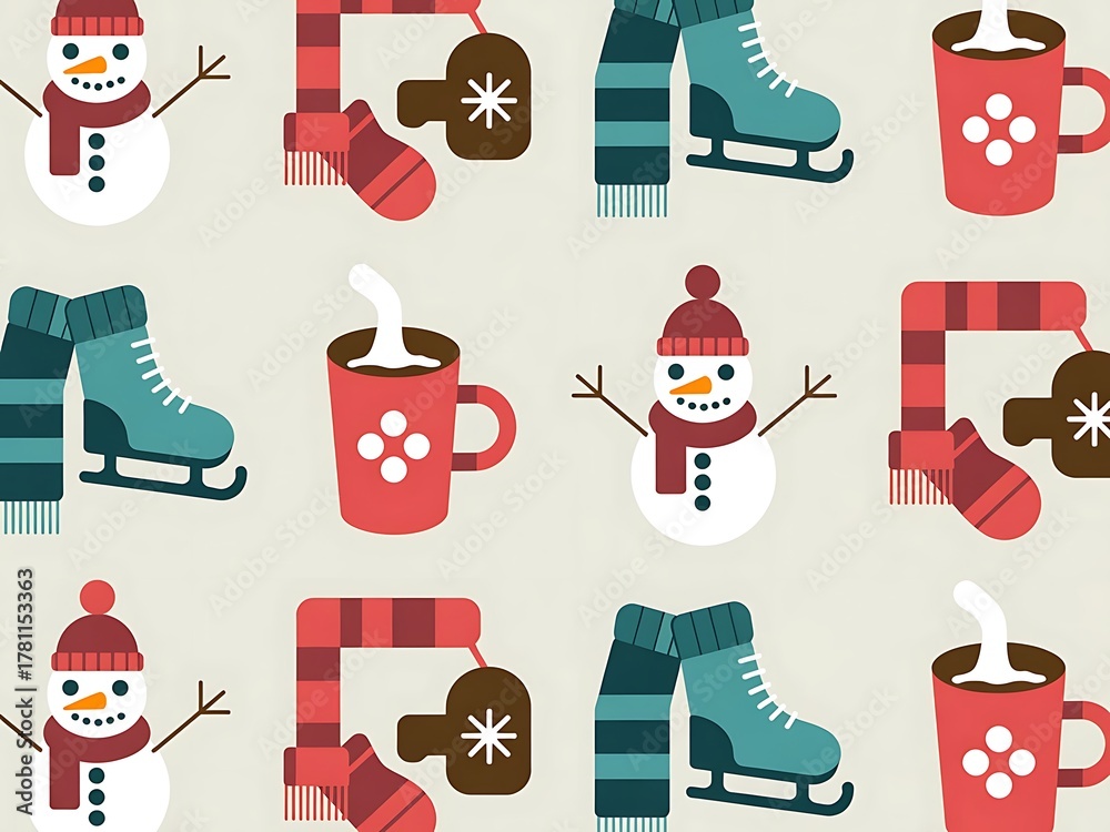 Flat design seamless pattern of winter items on light background