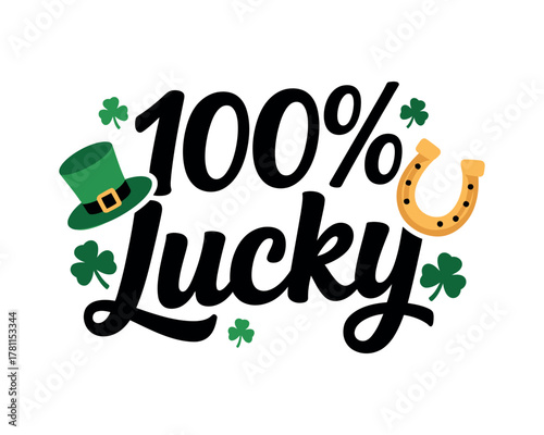 Text art with a leprechaun hat, shamrocks, and a horseshoe says 100% Lucky.